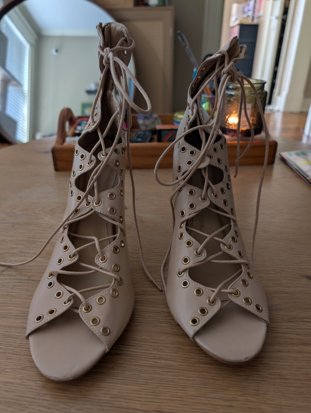 Lace-Up Gladiator Heels in Beige